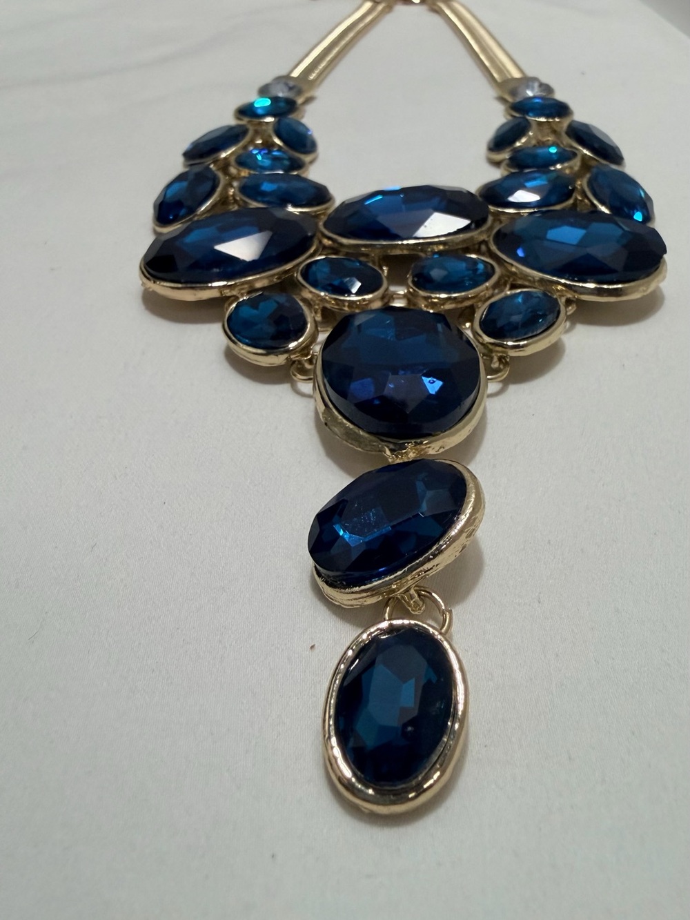 Ever Faith Gold-Tone Necklace with Deep Teal Blue Oval Rhinestones
